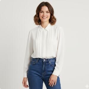 Vintage 70s Collared Tuxedo Front Blouse Button Down Ivory Long Sleeve Size 12